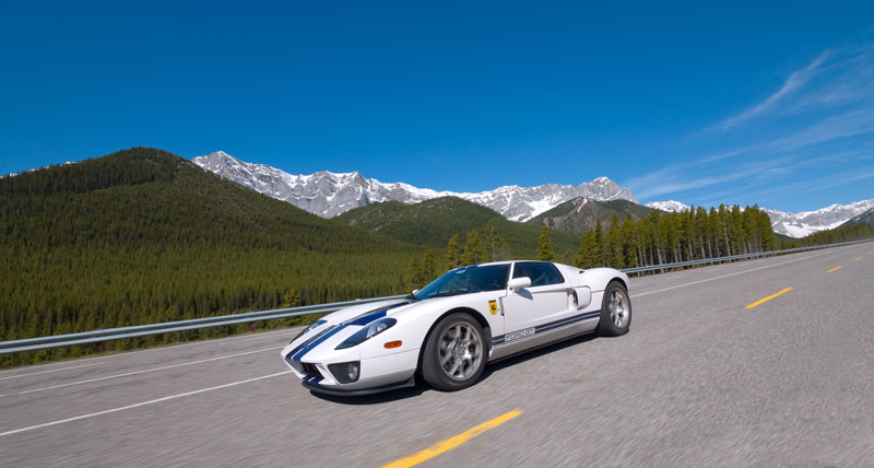 Ford GT under Blue Skies and the Canadian Rockies.