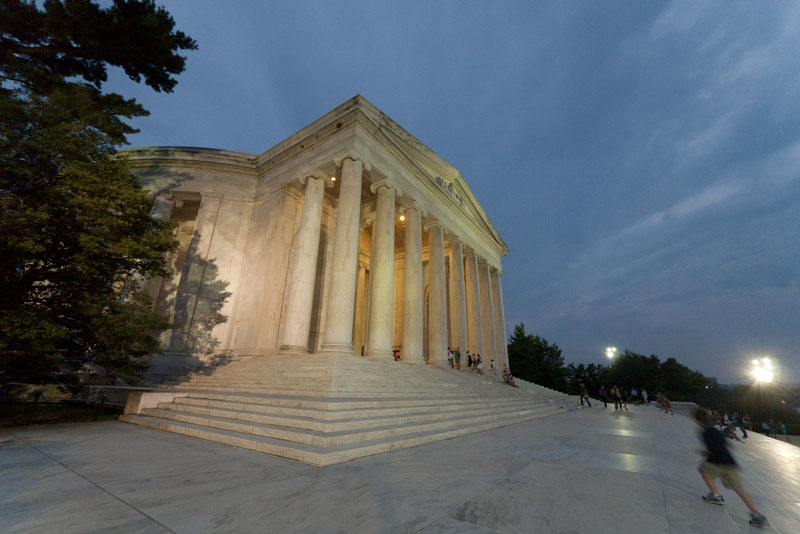 Outside the Jefferson Memorial at twilight.