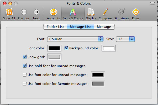 Gyazmail Preferences: Fonts & Colors: Message List