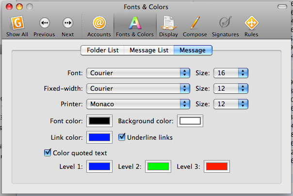Gyazmail Preferences: Fonts & Colors: Message