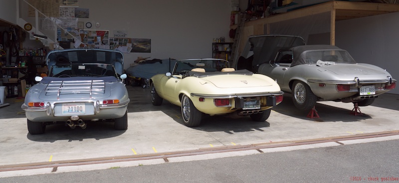 L—R: the 65E, Greg's '74, and Geoff's '72 (on jackstands for spring cleaning.